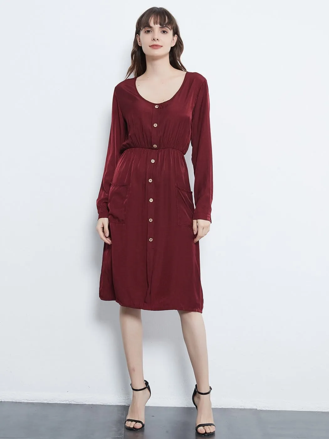 Long Sleeve Round Neck Button Dress With Pockets