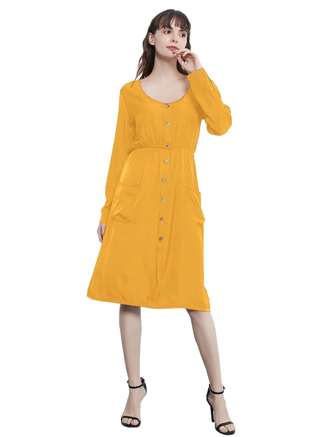 Long Sleeve Round Neck Button Dress With Pockets