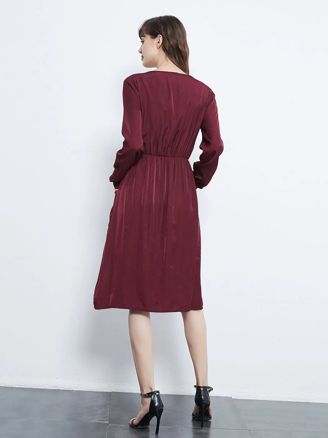 Long Sleeve Round Neck Button Dress With Pockets