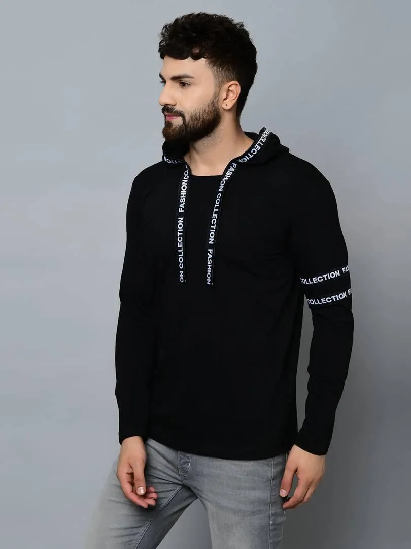 Men's Black Cotton Self Pattern Hooded Tees