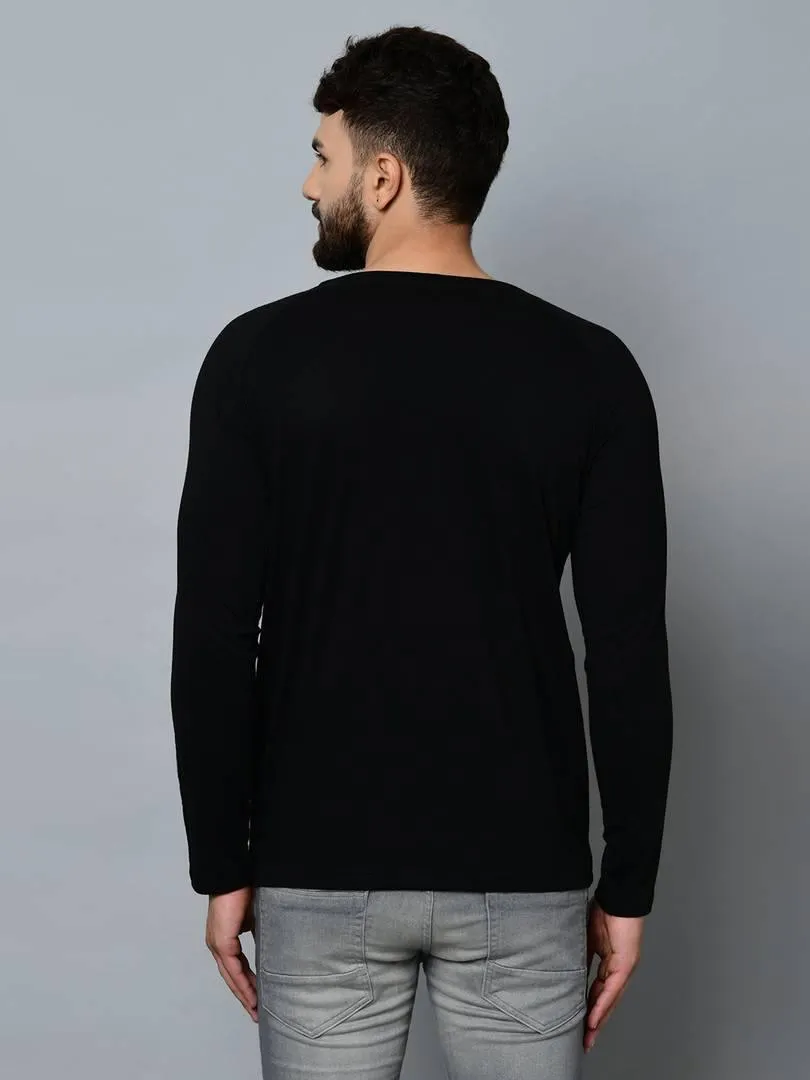 Men's Black Cotton Self Pattern Round Neck Tees