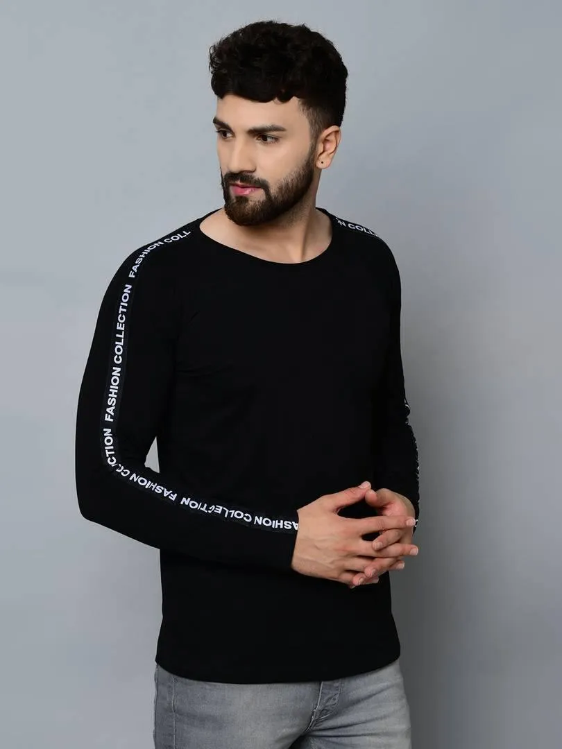 Men's Black Cotton Self Pattern Round Neck Tees