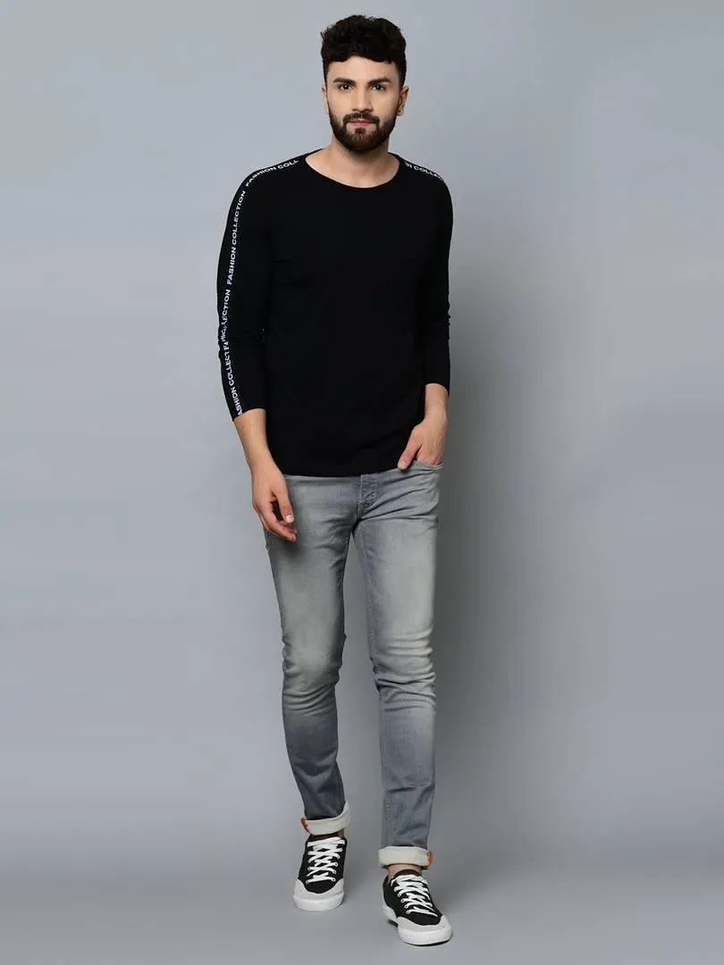 Men's Black Cotton Self Pattern Round Neck Tees