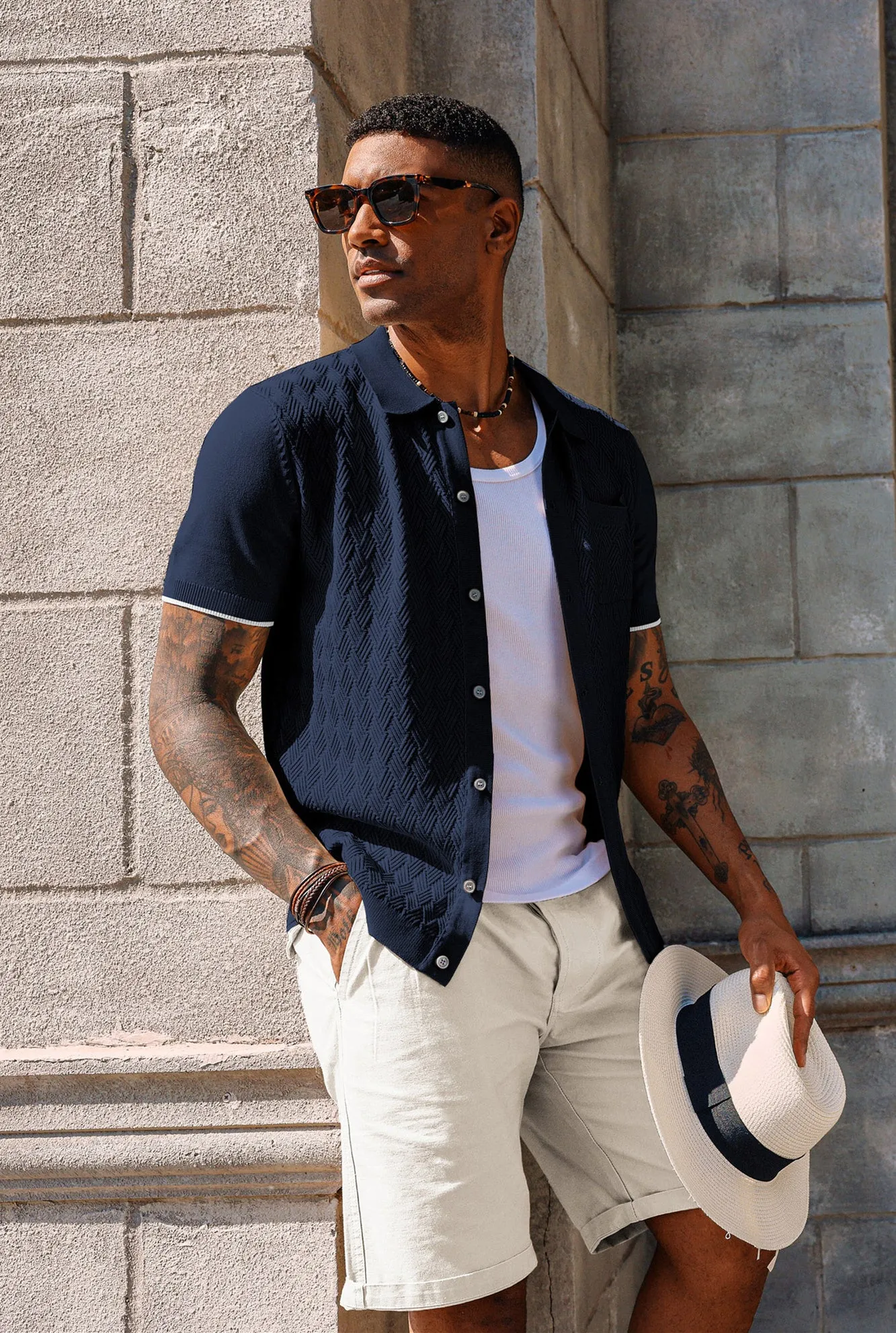 Men's Polo Cardigan Shirt Short Sleeve Textured Button Down Knit Polo Shirts