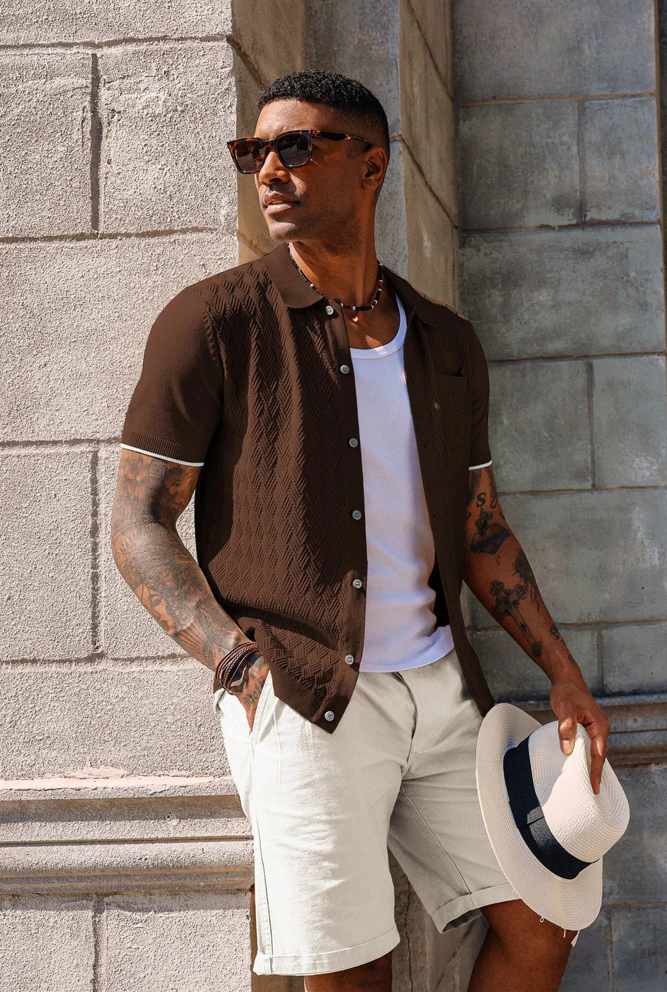 Men's Polo Cardigan Shirt Short Sleeve Textured Button Down Knit Polo Shirts