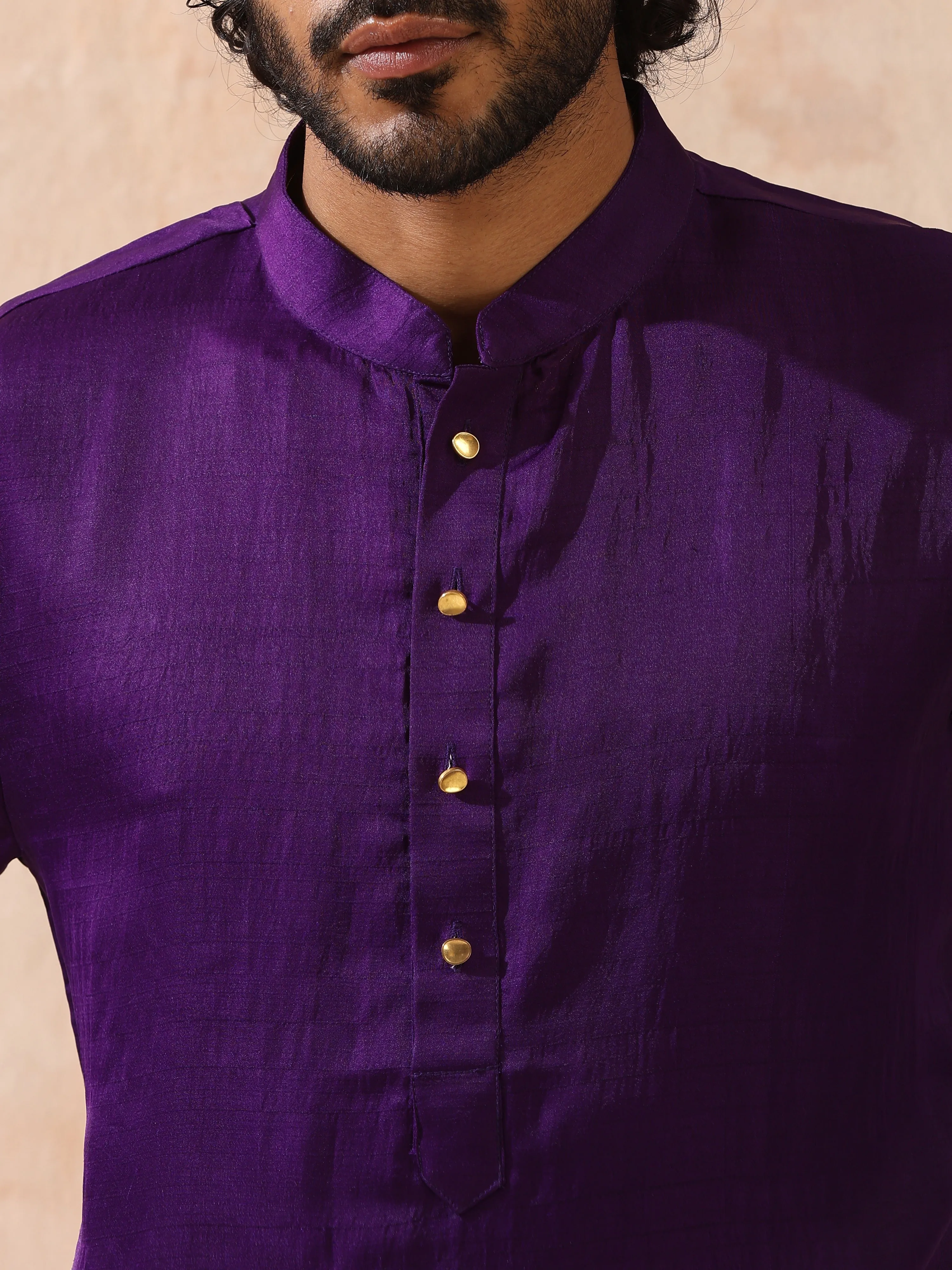 Mens Purple Kurta with Gold Buttons