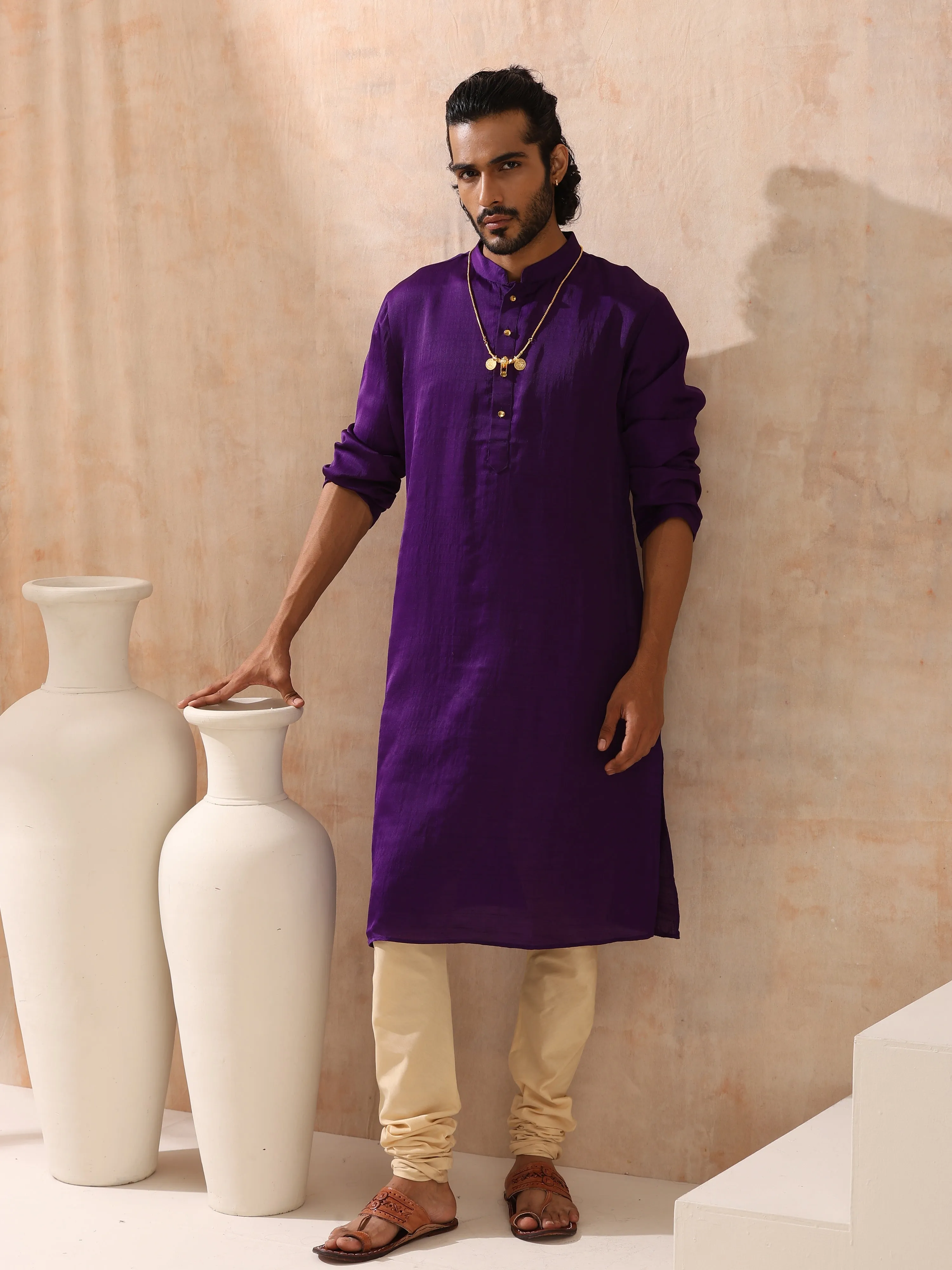 Mens Purple Kurta with Gold Buttons