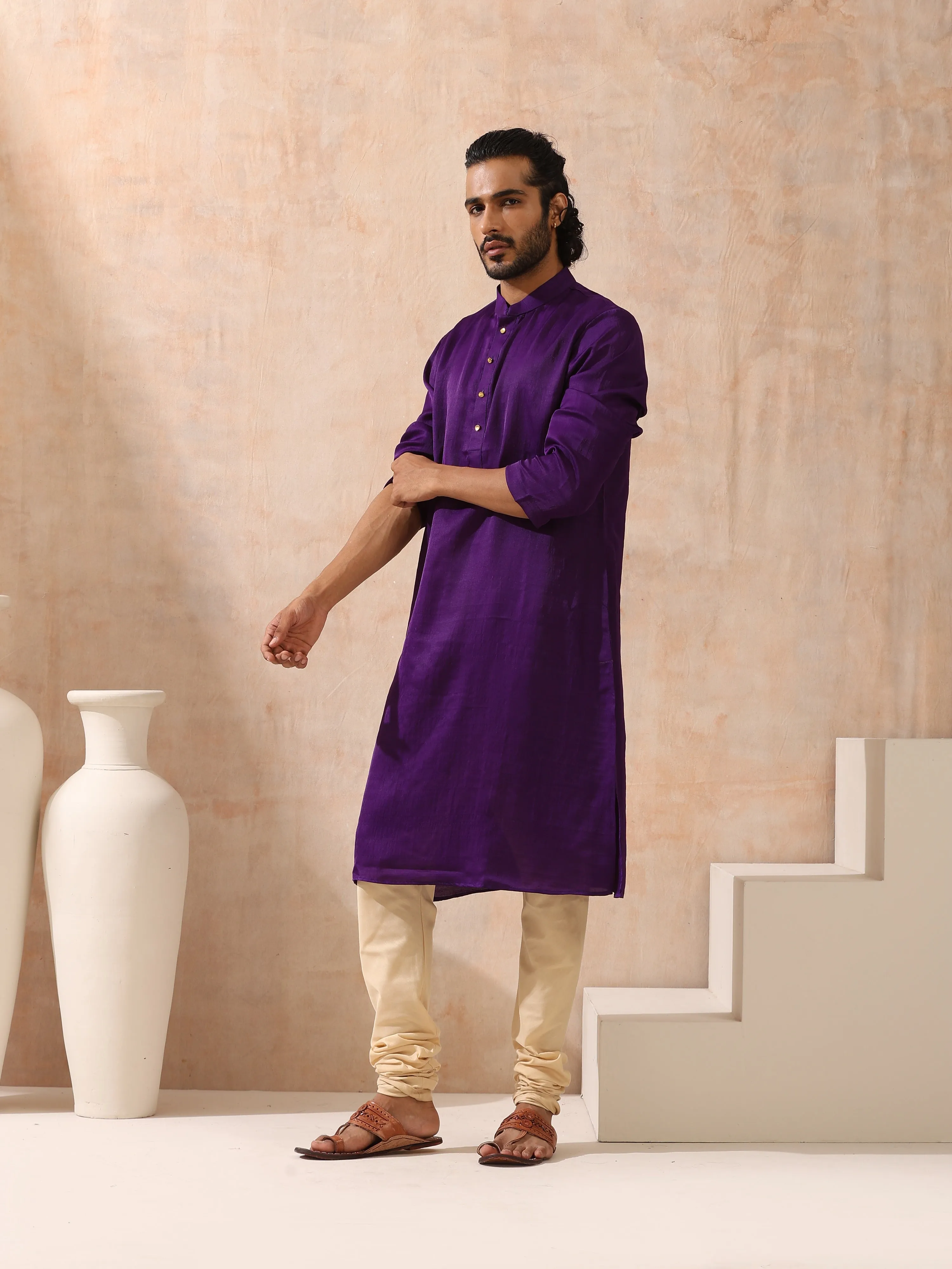 Mens Purple Kurta with Gold Buttons