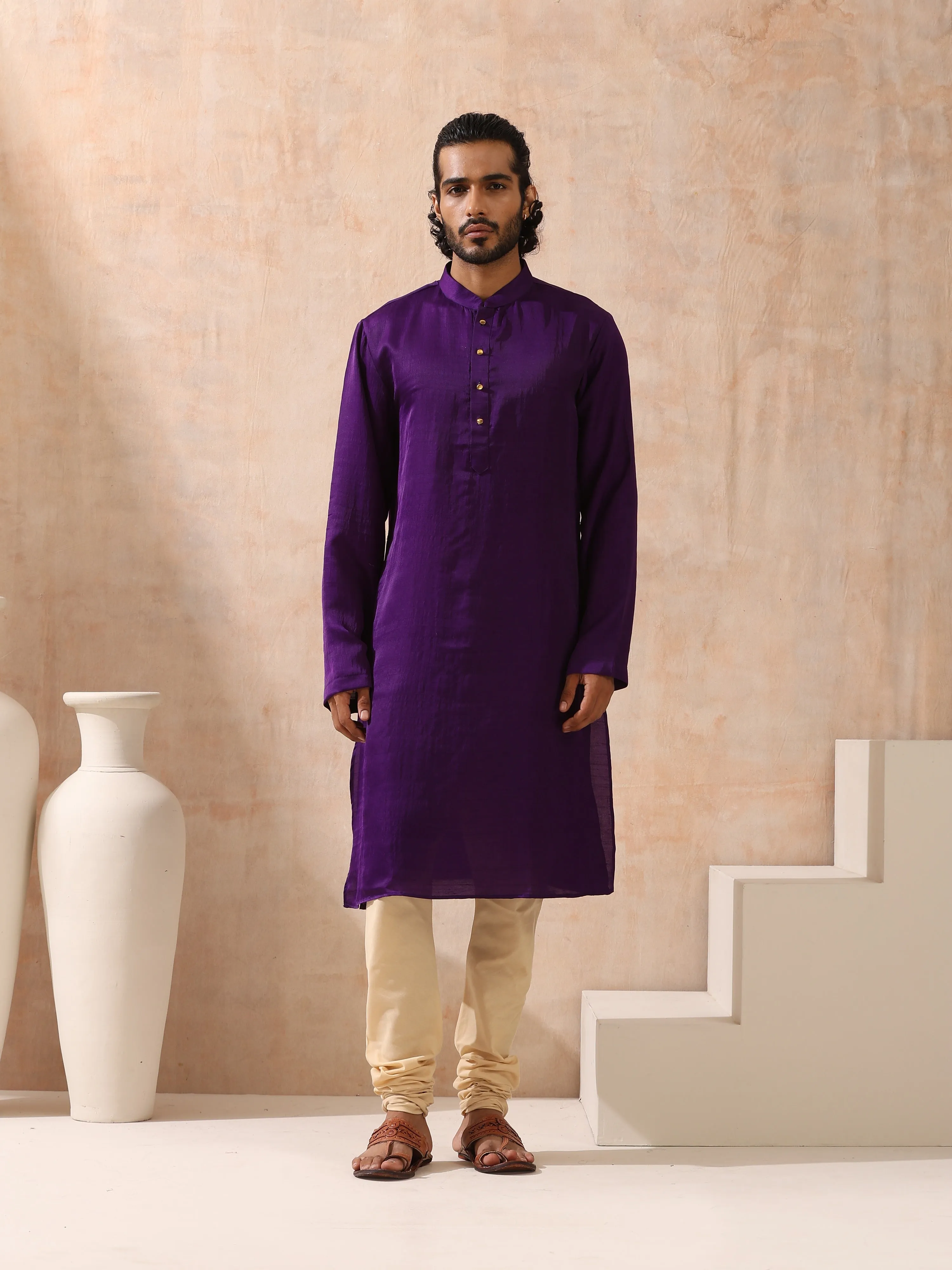 Mens Purple Kurta with Gold Buttons