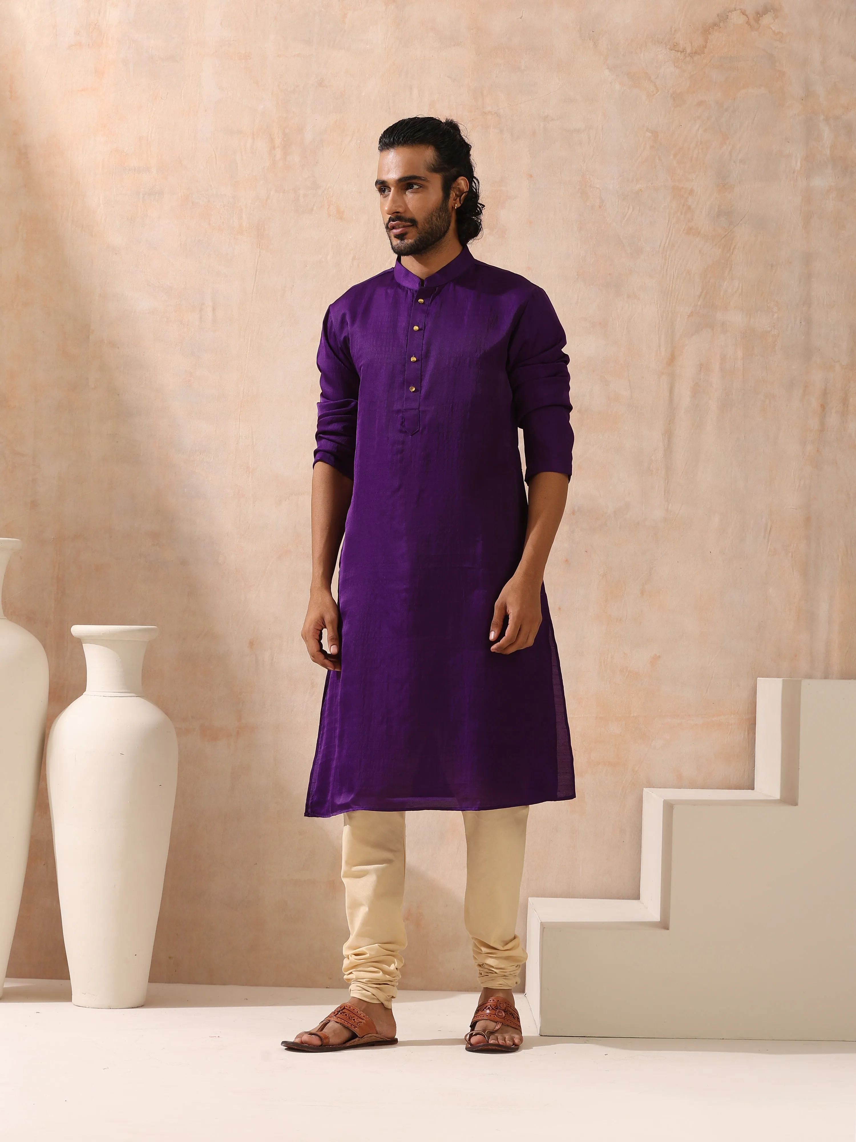 Mens Purple Kurta with Gold Buttons