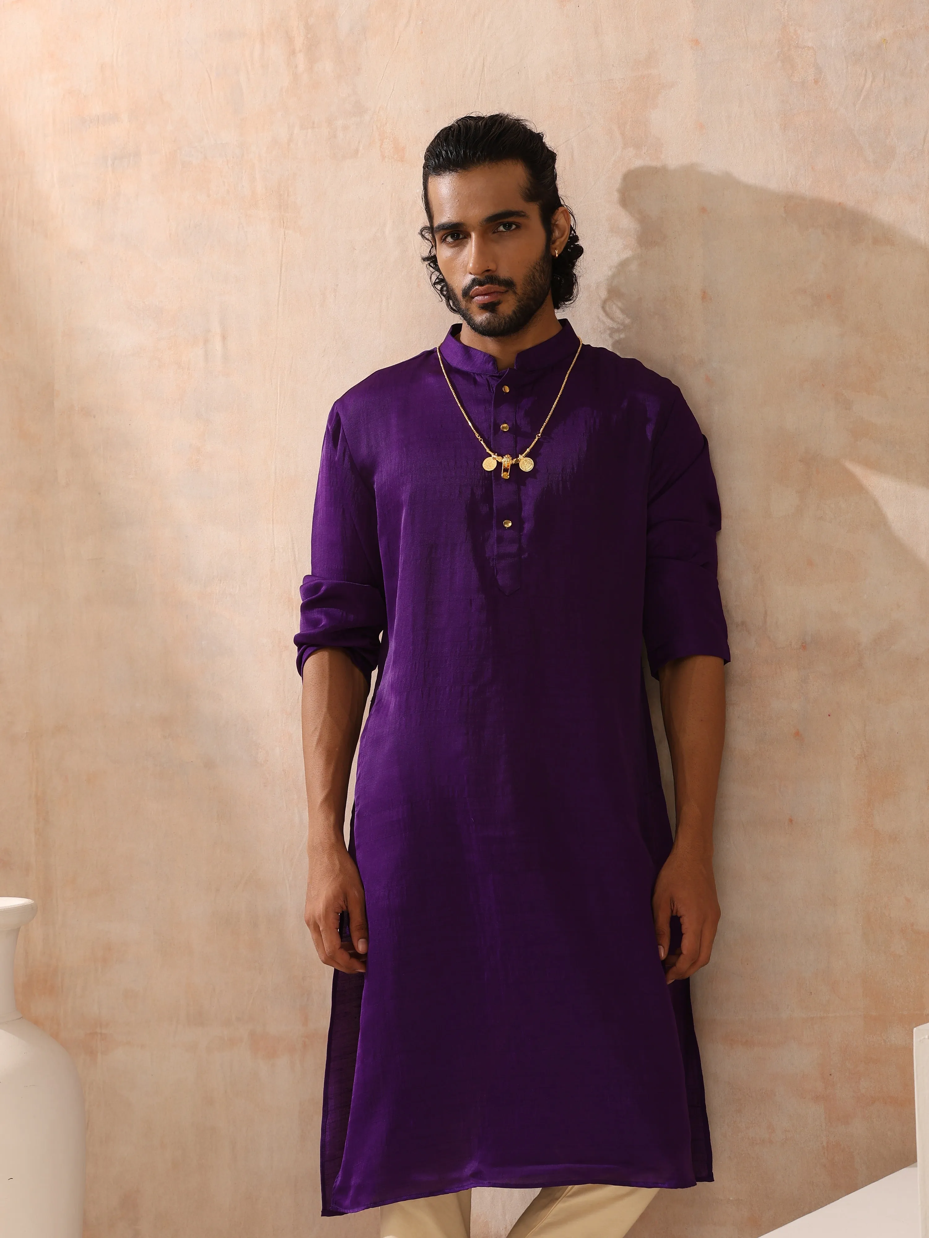 Mens Purple Kurta with Gold Buttons