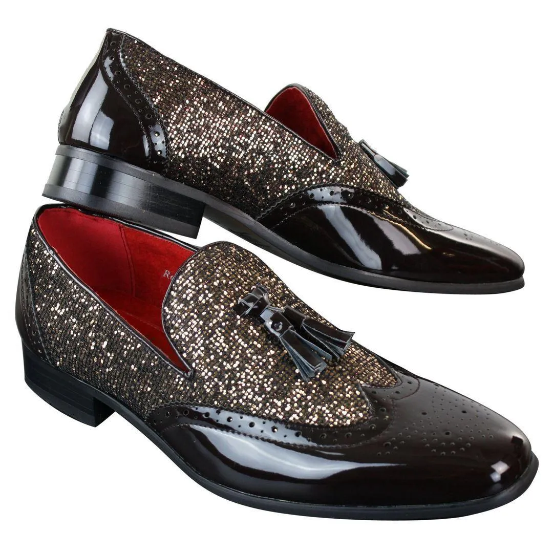 Mens Smart Party Shiny Tassle Shoes Red Silver Black Gold Slip On Patent Leather