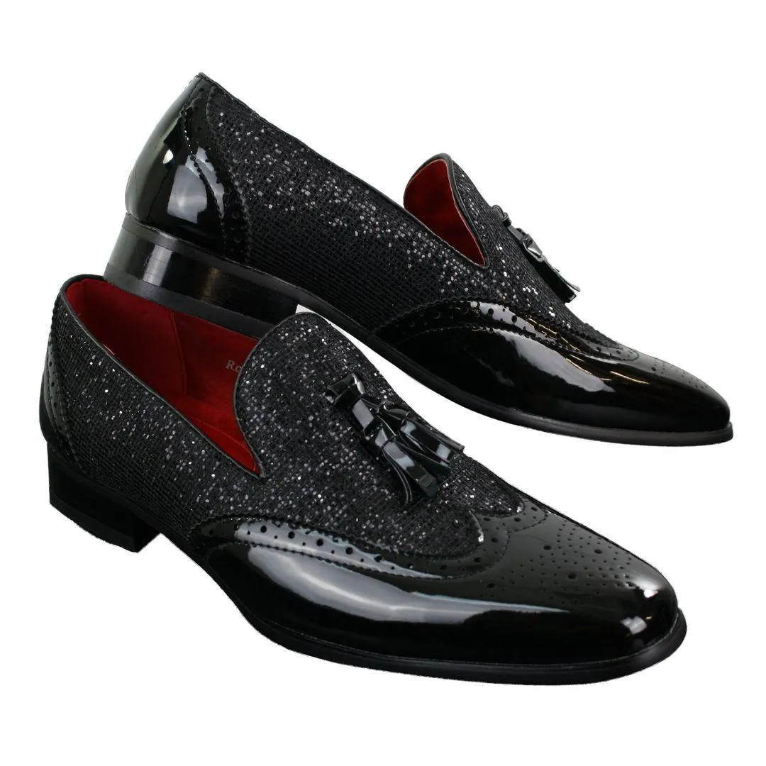 Mens Smart Party Shiny Tassle Shoes Red Silver Black Gold Slip On Patent Leather