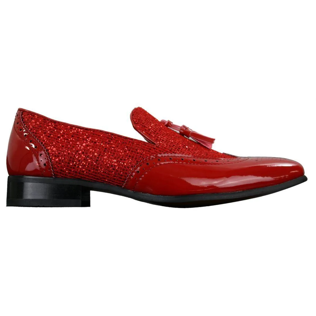 Mens Smart Party Shiny Tassle Shoes Red Silver Black Gold Slip On Patent Leather