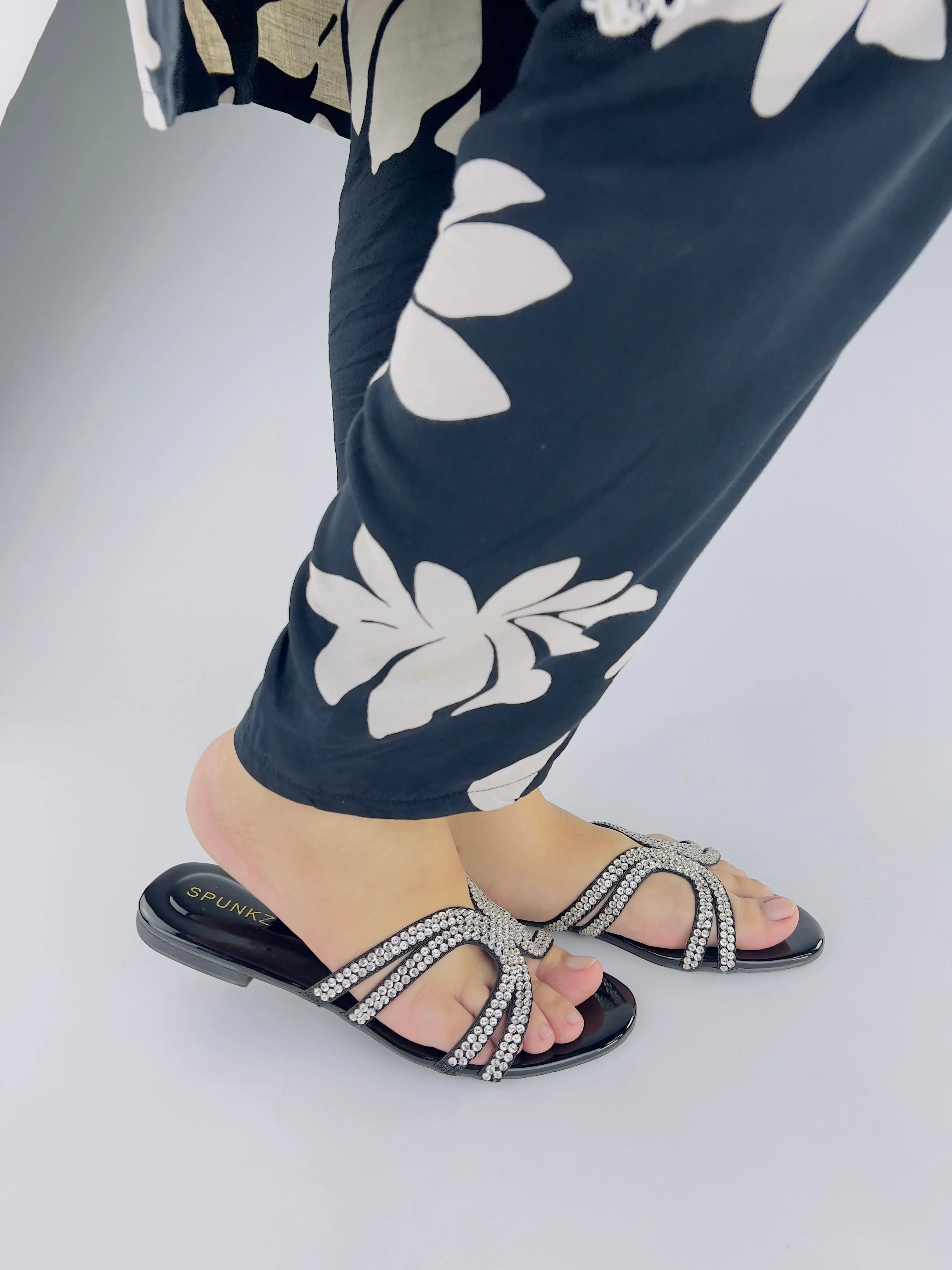 Mila Black Double Strap Crystal Embellished Flat Slides