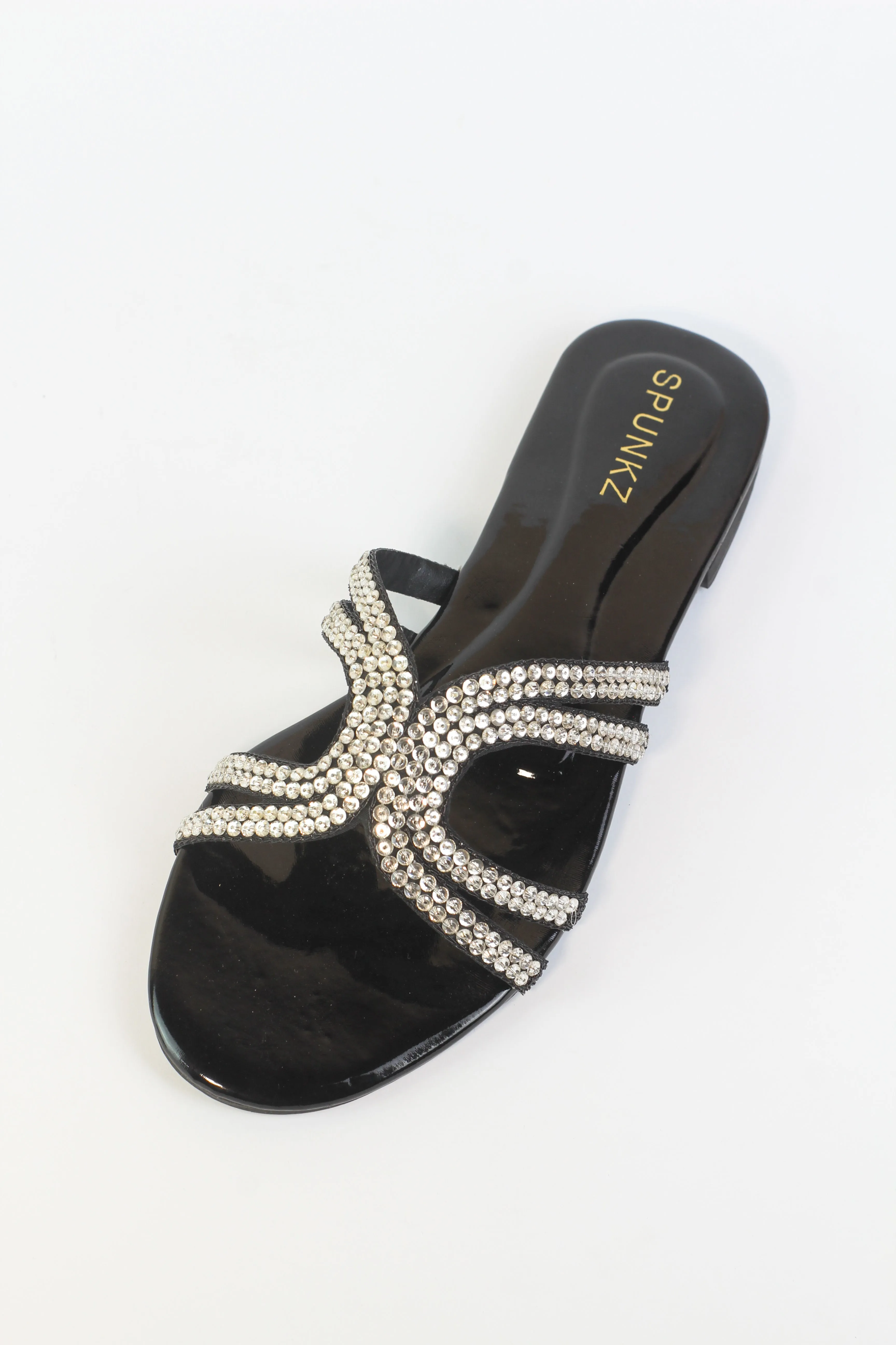 Mila Black Double Strap Crystal Embellished Flat Slides