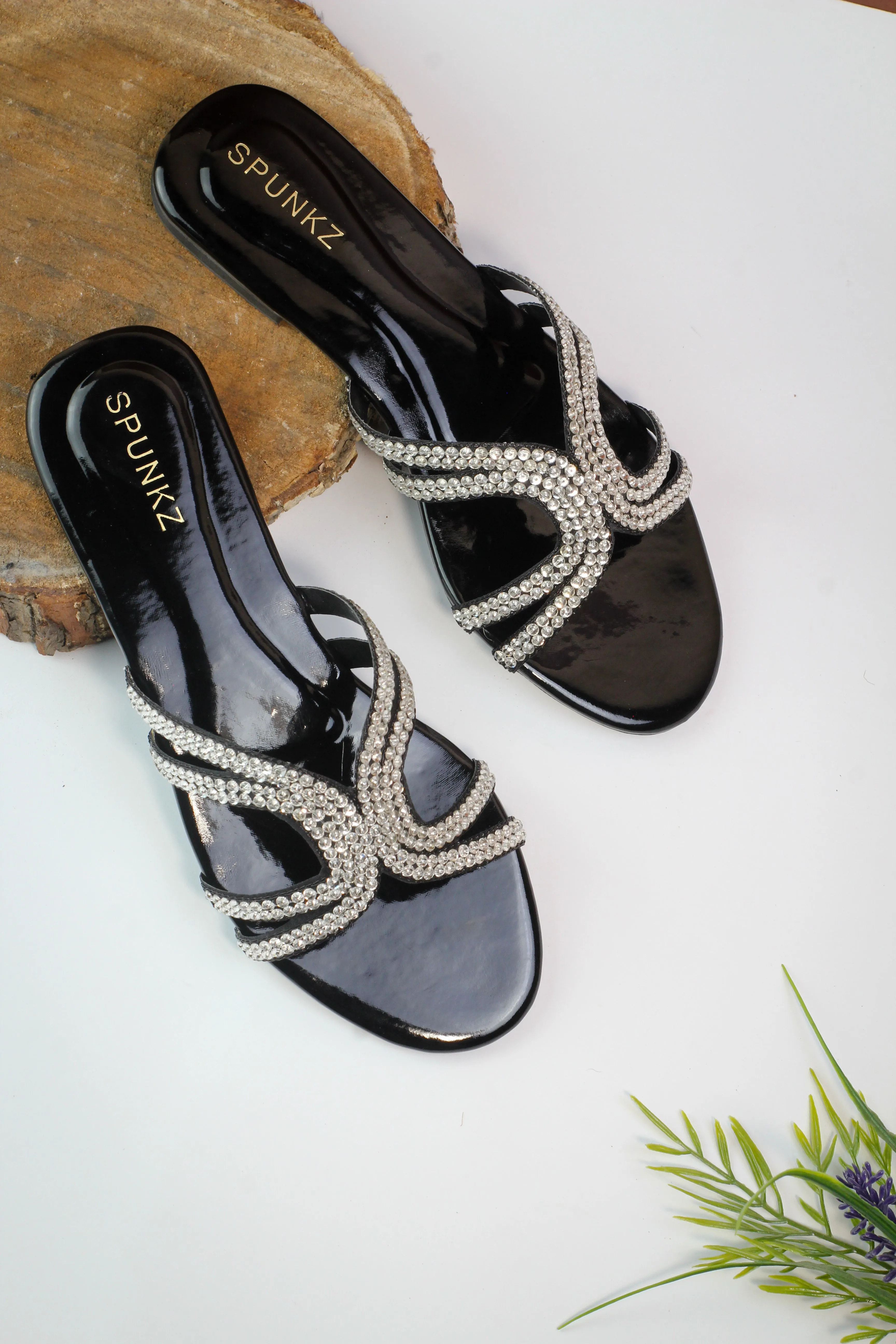 Mila Black Double Strap Crystal Embellished Flat Slides