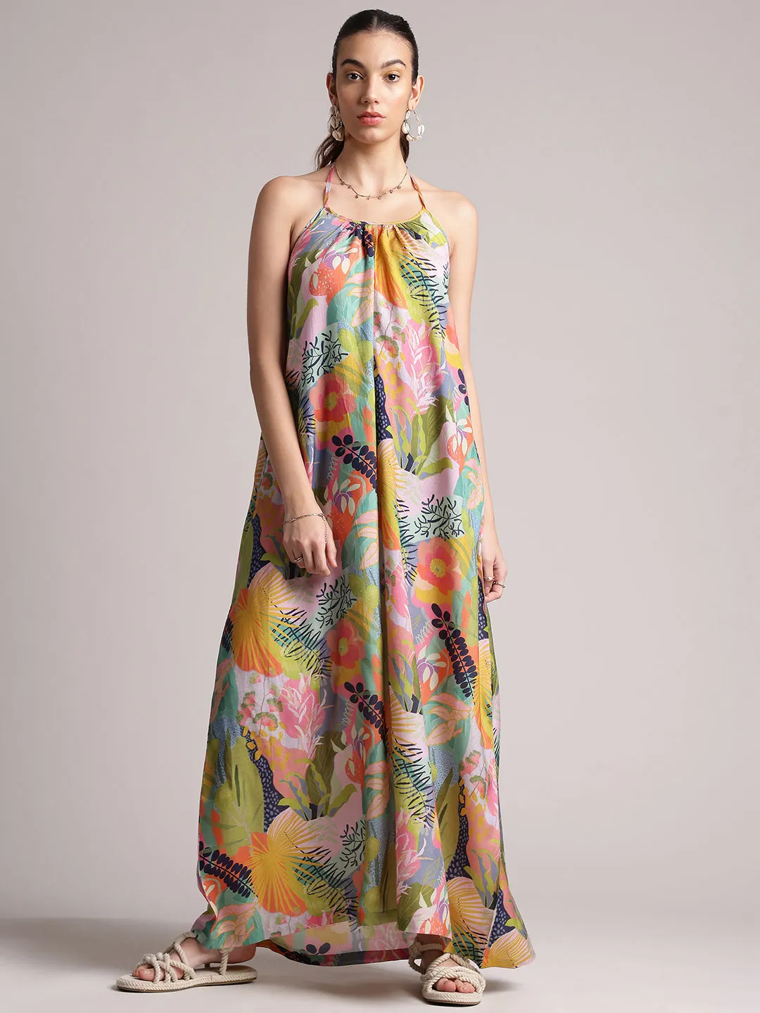 Multicolor Muslin Tropical Maxi Dress