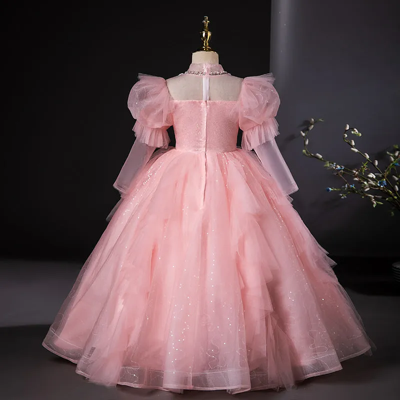 New style wedding flower girl birthday party long sleeve pink girl dress for 3-12 years old