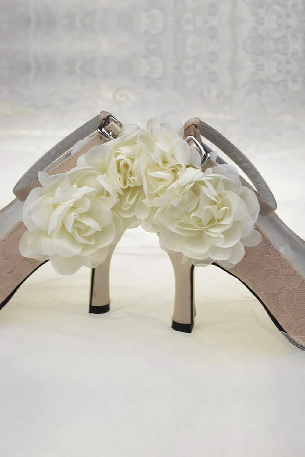 Pink Lace Handmade Ankle Strap Wedding Shoes With Flowers S59