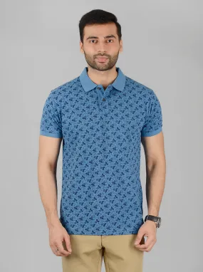 Prussian Blue Printed Slim Fit Polo T-Shirt | Greenfibre