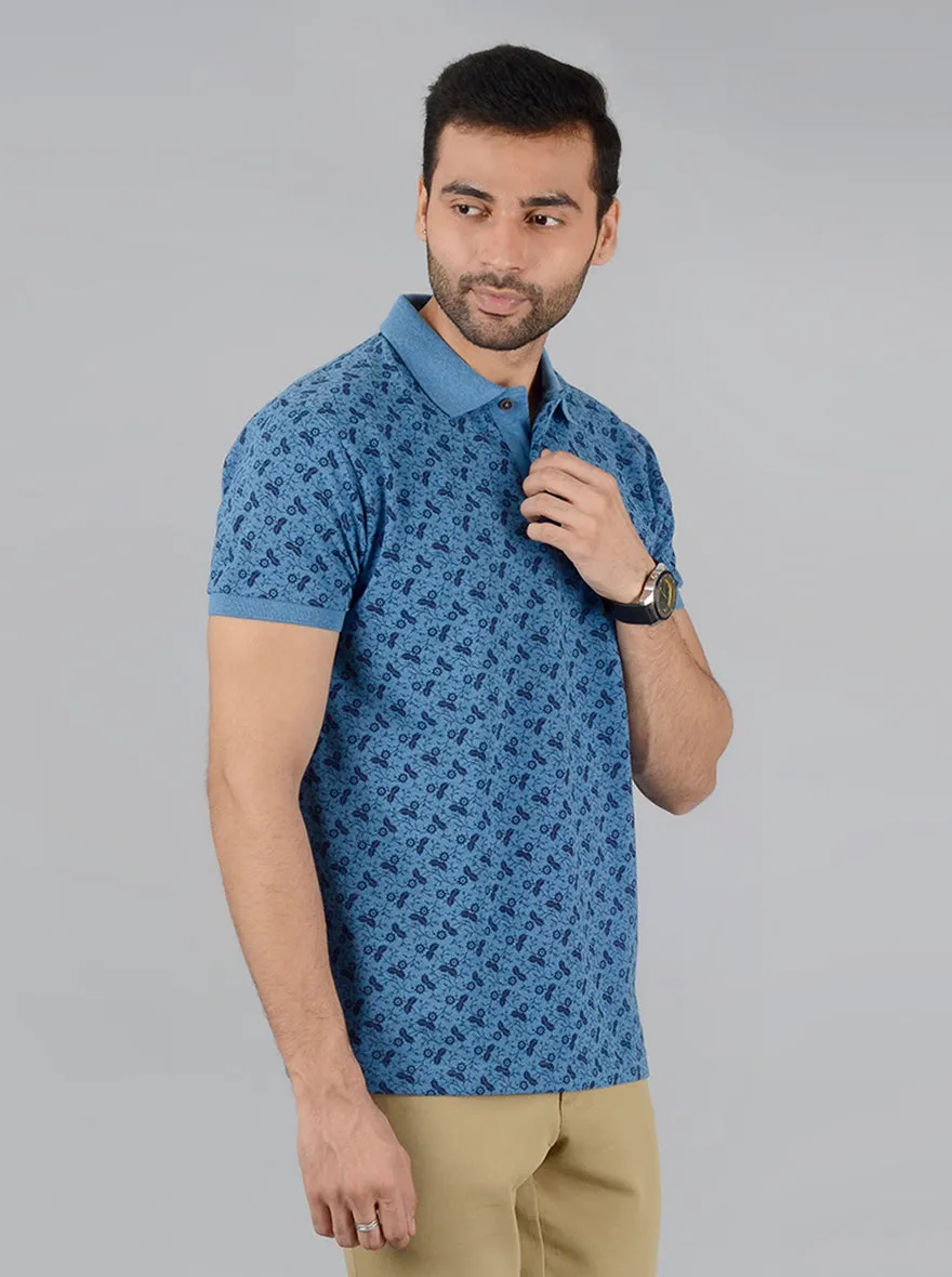 Prussian Blue Printed Slim Fit Polo T-Shirt | Greenfibre