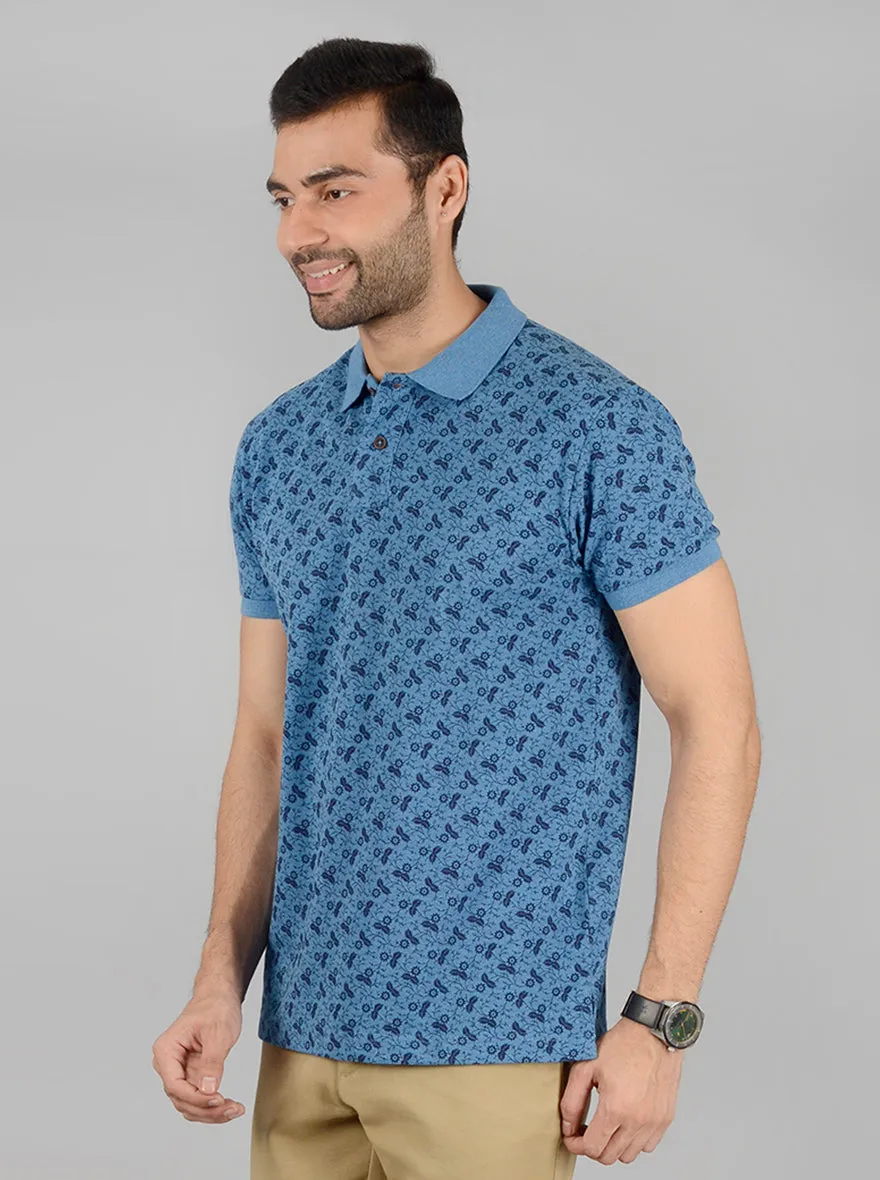 Prussian Blue Printed Slim Fit Polo T-Shirt | Greenfibre