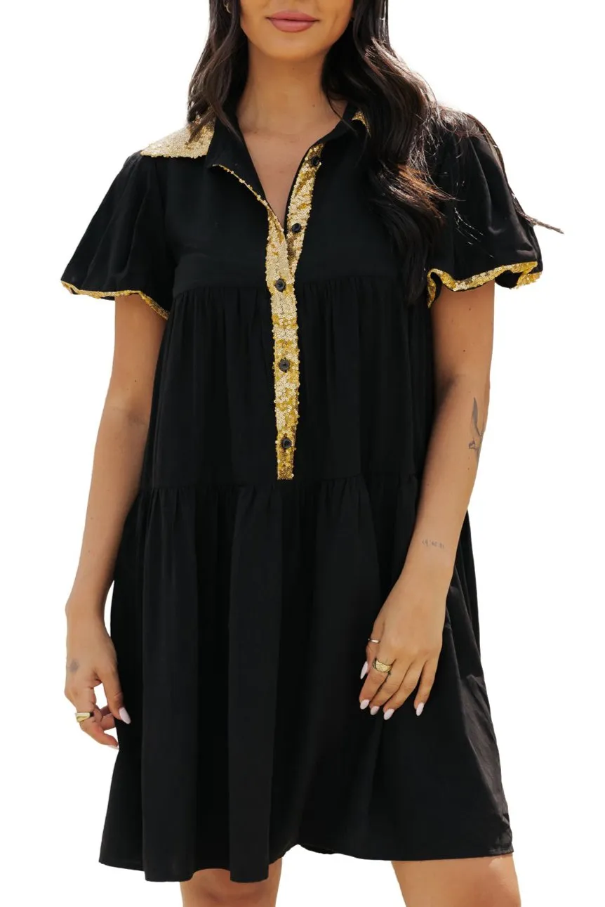 Sequin Trim Bubble Sleeve Shirt Dress