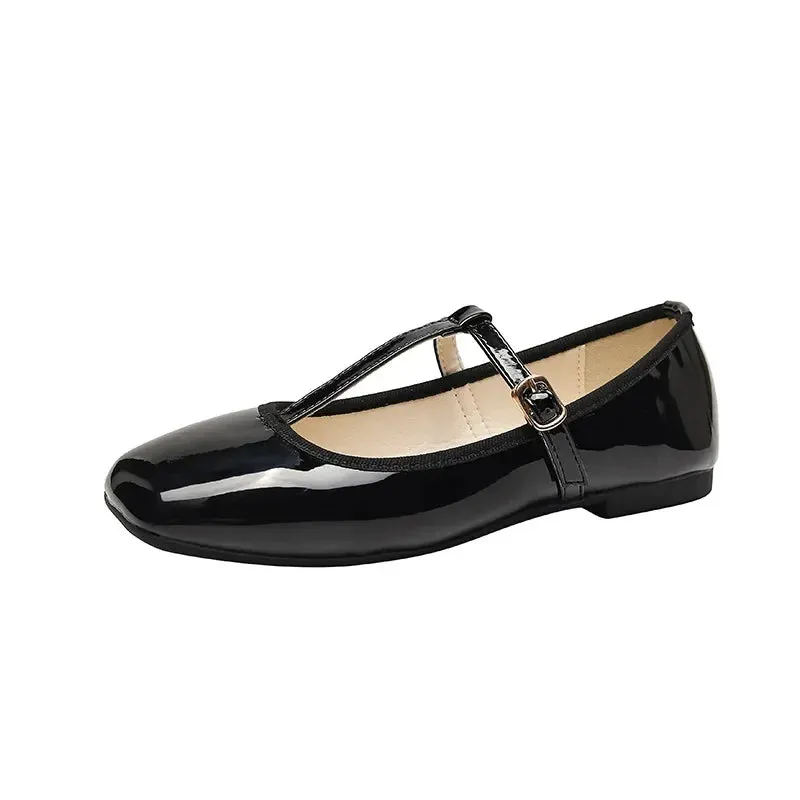 TAVIMART  -  Patent Leather T-strap Mary Janes Shoes Women Shiny Glossy Vintage Flats Loafers Female Square Toe Soft Elegant Black Shoes