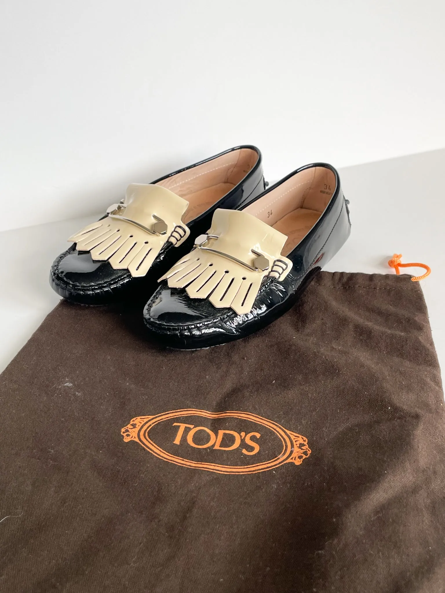 TOD'S Black Cream Fringed Patent Leather Loafers - Size 34