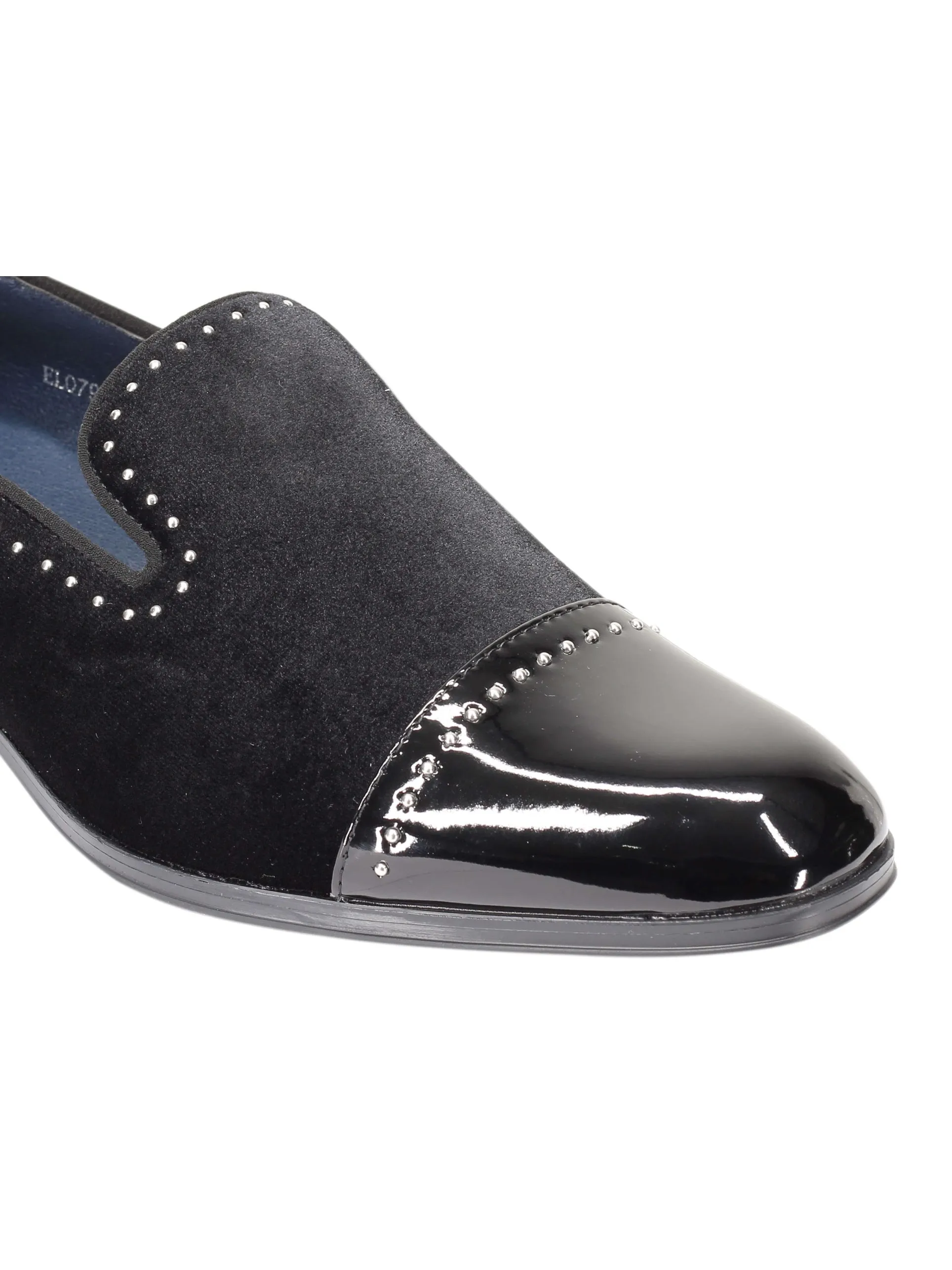 VELVET LOAFERS WITH SHINY TOE AND SILVER METAL PIN DOTS