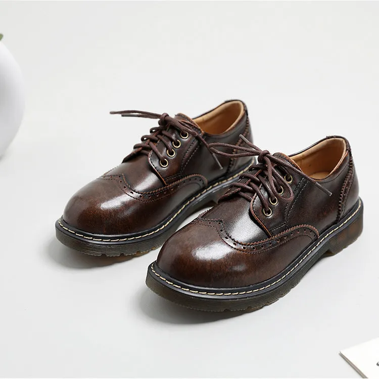 Vintage Oxford Loafers Brogues Leather Women's Lace Up Casual Flats Shoes