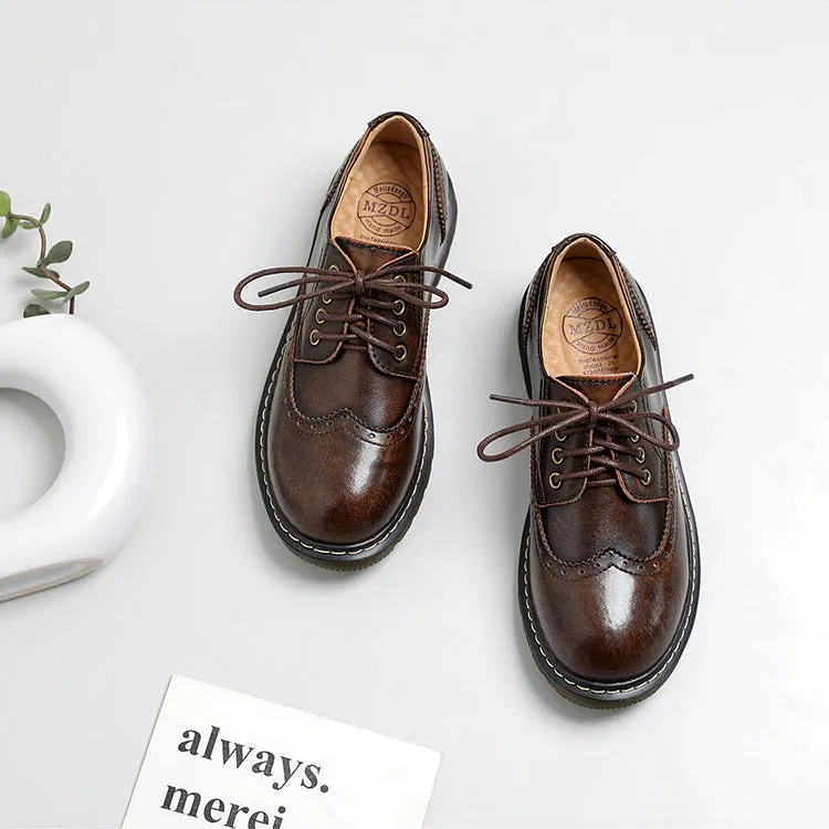 Vintage Oxford Loafers Brogues Leather Women's Lace Up Casual Flats Shoes