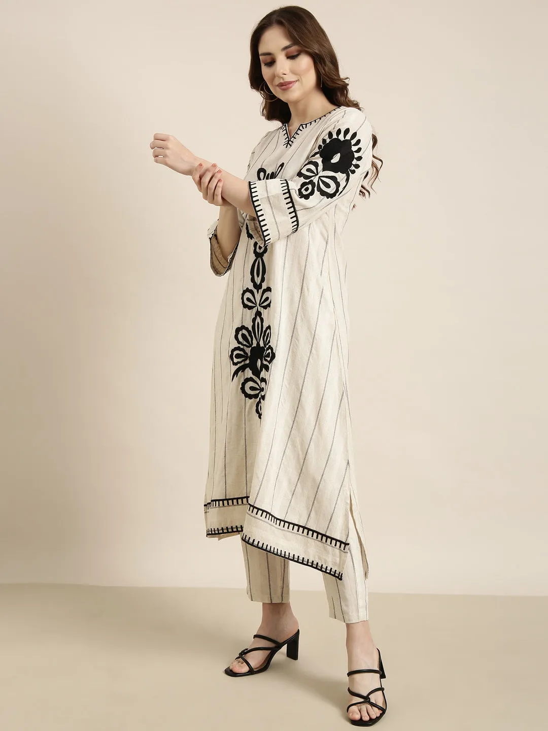 Women A-Line Cream Woven Design Kurta and Trousers Set