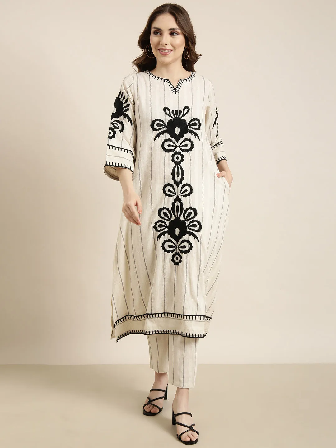 Women A-Line Cream Woven Design Kurta and Trousers Set