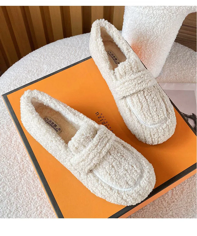 Women Faux-Fur Loafers Cute Winter Warm & Soft Plush Shoes