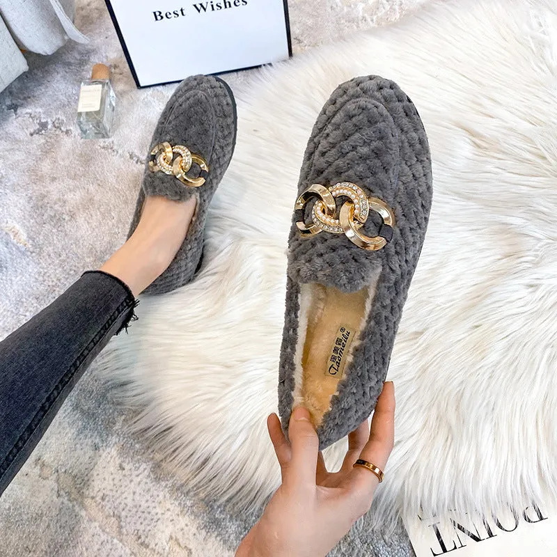 Women Faux-Fur Loafers Metal Chain Winter Warm & Comfortable Plush Shoes