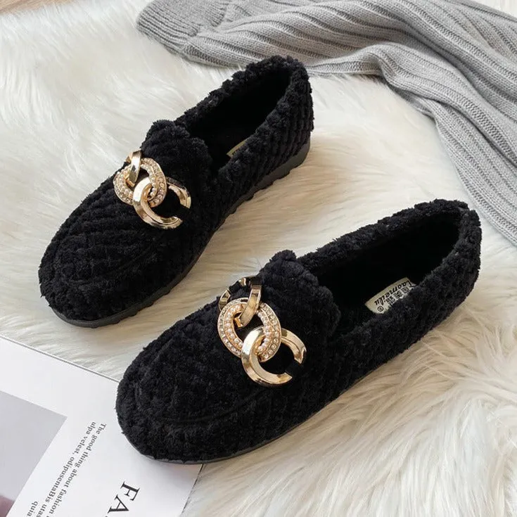 Women Faux-Fur Loafers Metal Chain Winter Warm & Comfortable Plush Shoes