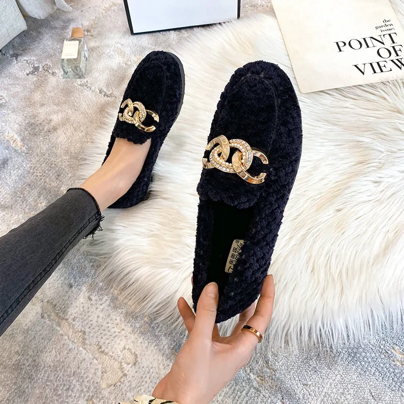 Women Faux-Fur Loafers Metal Chain Winter Warm & Comfortable Plush Shoes