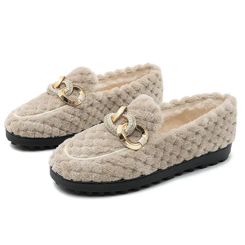 Women Faux-Fur Loafers Metal Chain Winter Warm & Comfortable Plush Shoes