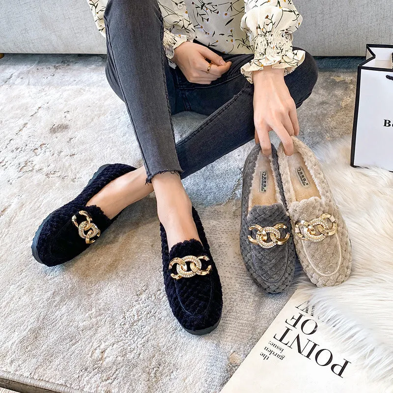 Women Faux-Fur Loafers Metal Chain Winter Warm & Comfortable Plush Shoes