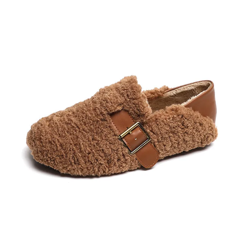 Women Faux-Fur Loafers Warm Winter Fleece Flat Metal Buckles Casual Shoes