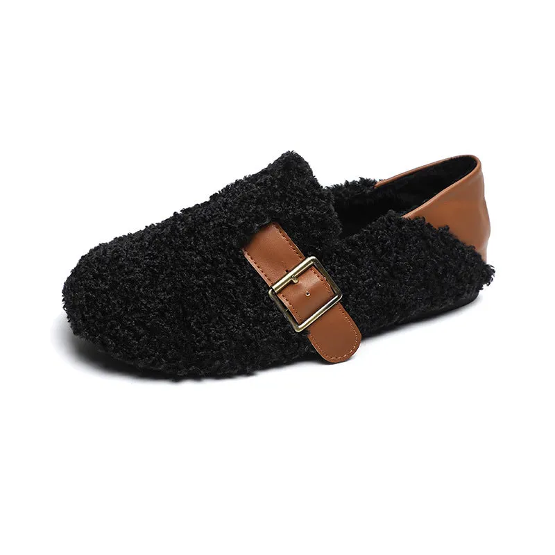 Women Faux-Fur Loafers Warm Winter Fleece Flat Metal Buckles Casual Shoes