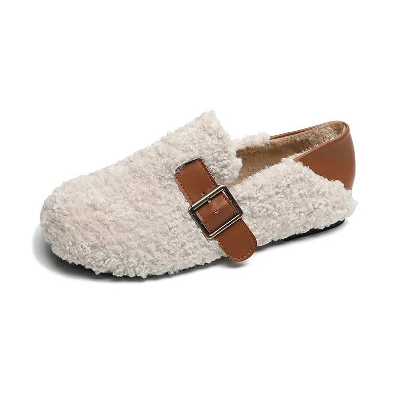 Women Faux-Fur Loafers Warm Winter Fleece Flat Metal Buckles Casual Shoes