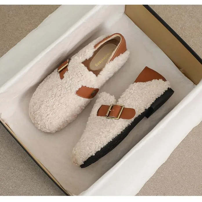 Women Faux-Fur Loafers Warm Winter Fleece Flat Metal Buckles Casual Shoes