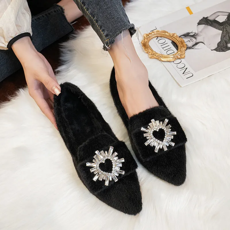 Women Faux-Fur Loafers Warm Winter Fleece Flat Pointed Rhinestones Casual Shoes