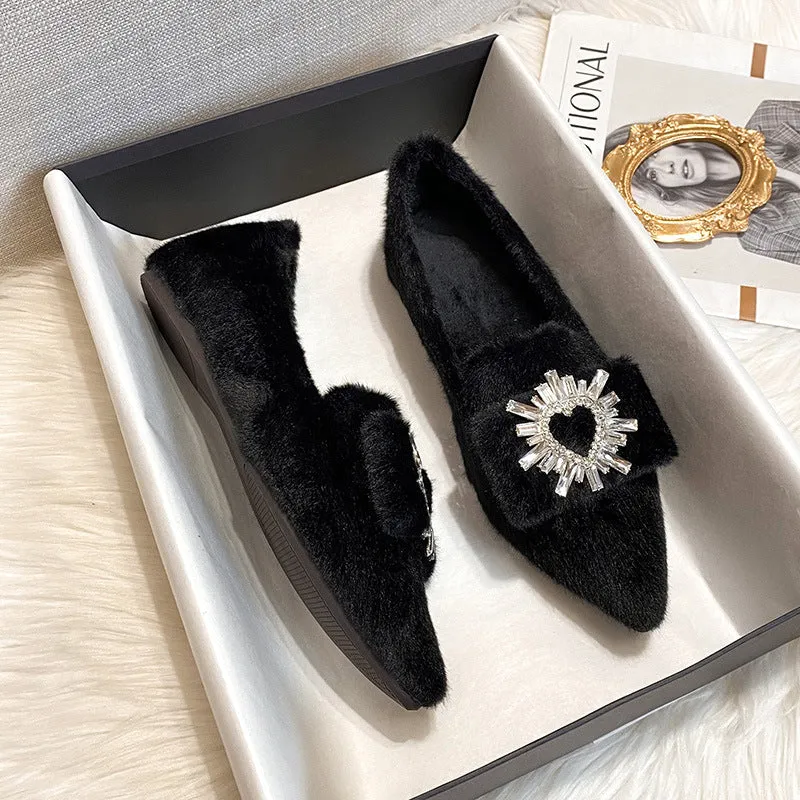 Women Faux-Fur Loafers Warm Winter Fleece Flat Pointed Rhinestones Casual Shoes