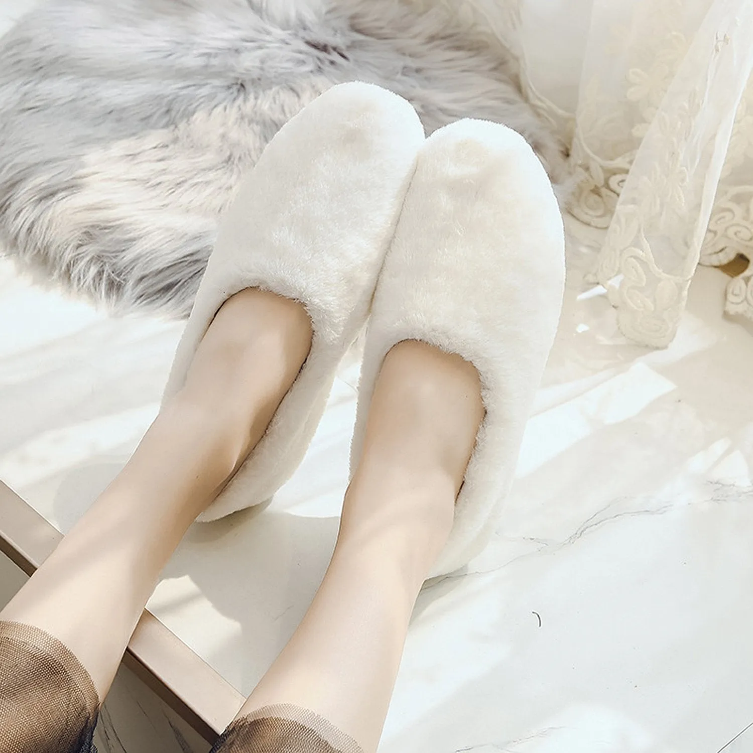 Women Outer Wearing Non-Slip Flat Fur Loafers