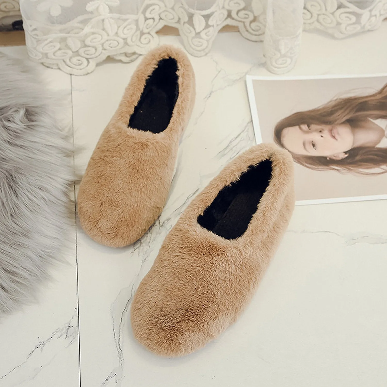 Women Outer Wearing Non-Slip Flat Fur Loafers