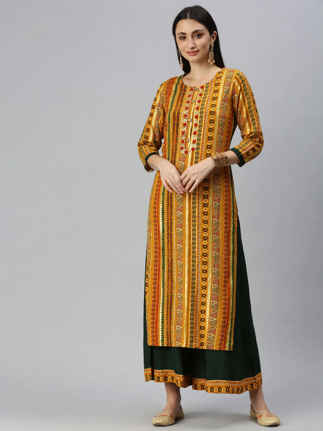 Women Straight Mustard Printed Kurta and Palazzos